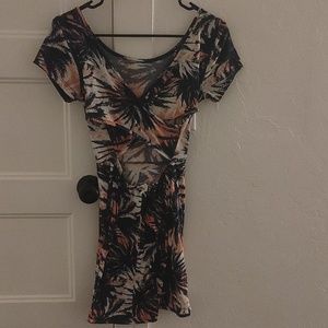 Palm tress multi color dress with open criss cross back. S: small